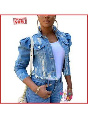 Cropped Denim Jacket Puff Sleeve Frayed Hem Cotton Jean Jacket